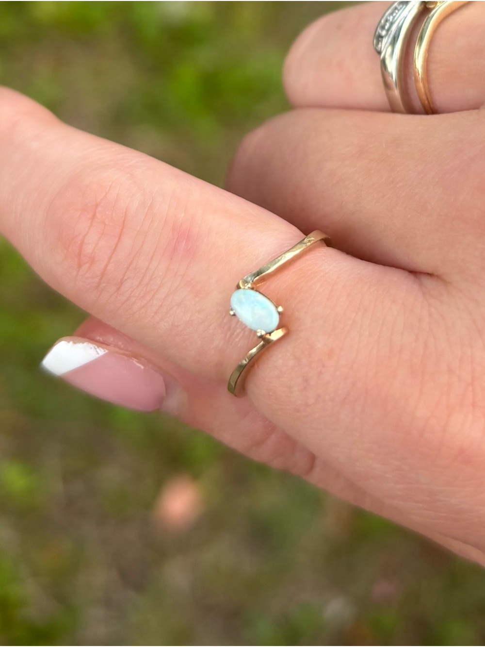 Delicate Gold Opal Accent Ring - Light Blue Stone